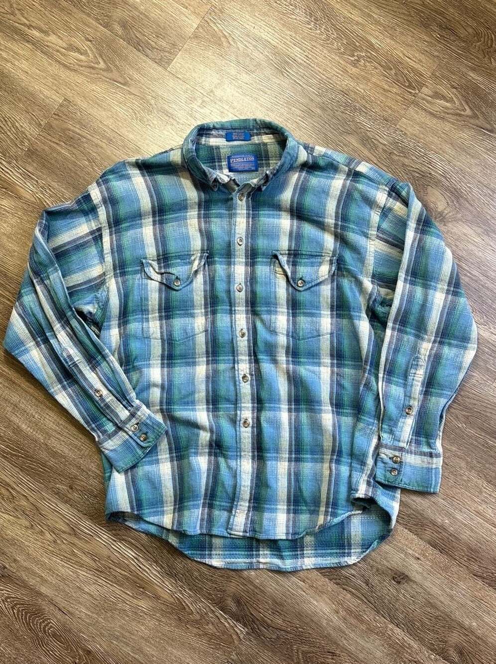 Pendleton Blue Green Plaid Vintage 100% Cotton Long Sleeve Western Shirt XL